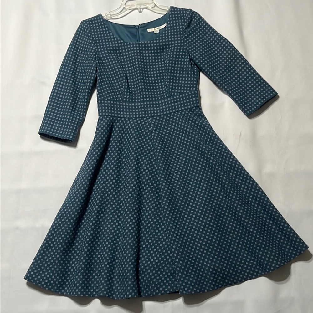 BODEN BLUE SPOT DOT WOOL BLEND FLAIR DRESS. SIZE 2R